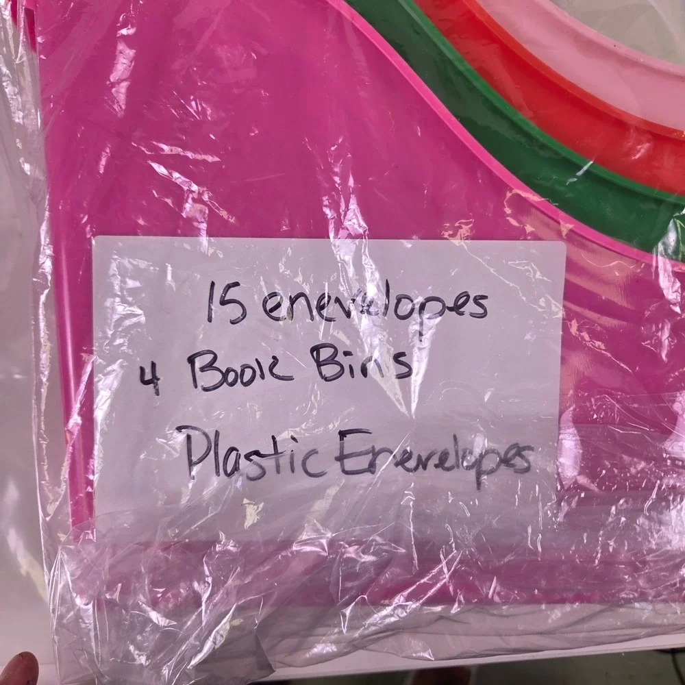 19pc Office Supply Lot 4 Plastic Book Bins 15 Snap Closure Envelopes Multicolo